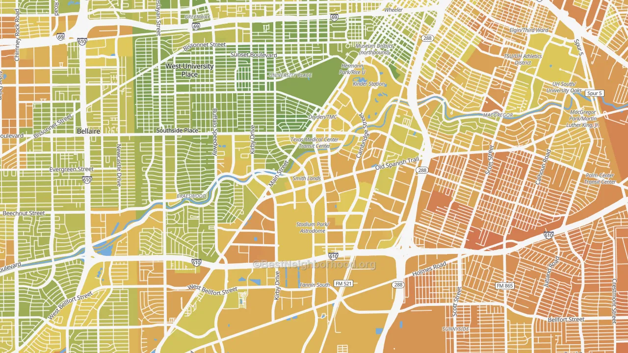 Map of the best neighborhoods in the Medical, Houston area, with better matches in green and worse matches in red