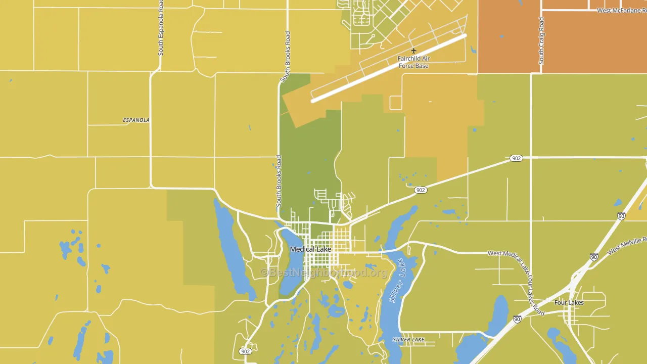Map of the best neighborhoods in the Medical Lake area, with better matches in green and worse matches in red