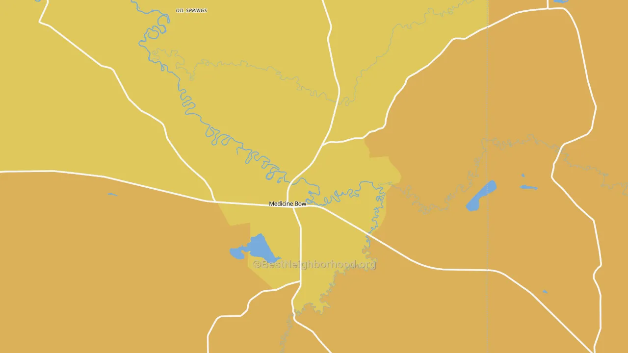 Map of the best neighborhoods in the Medicine Bow area, with better matches in green and worse matches in red