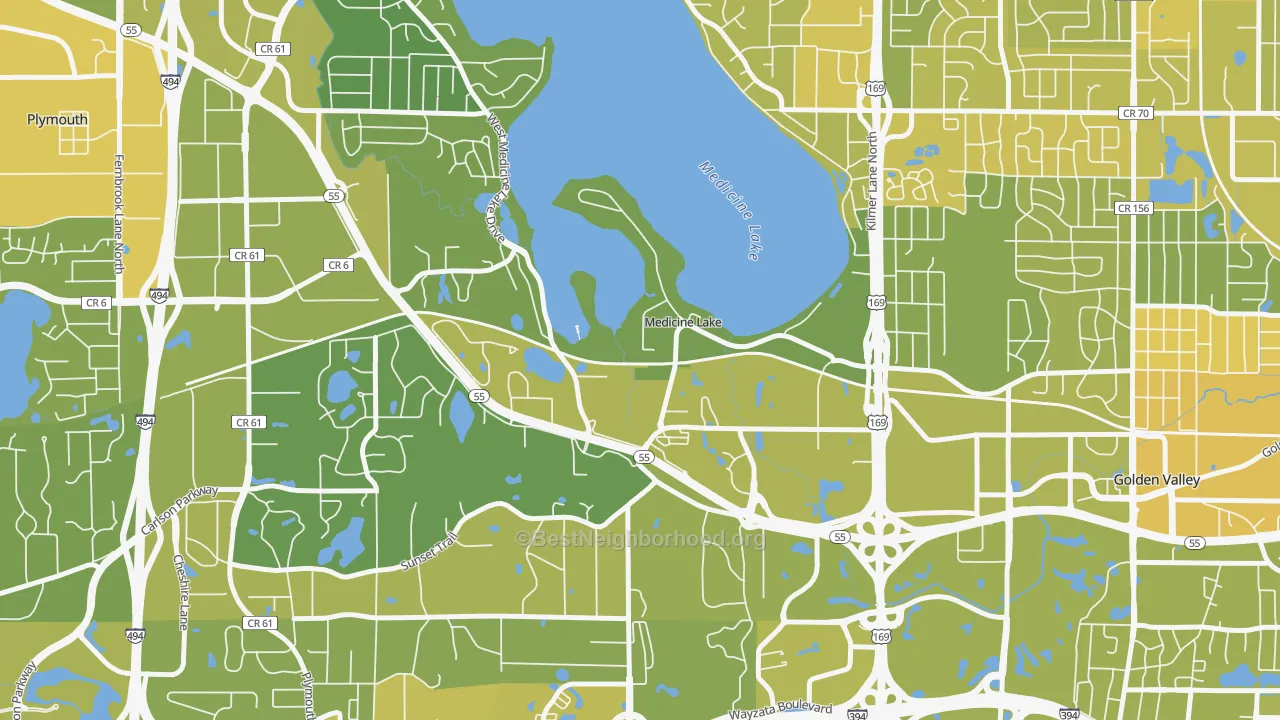 Map of the best neighborhoods in the Medicine Lake area, with better matches in green and worse matches in red