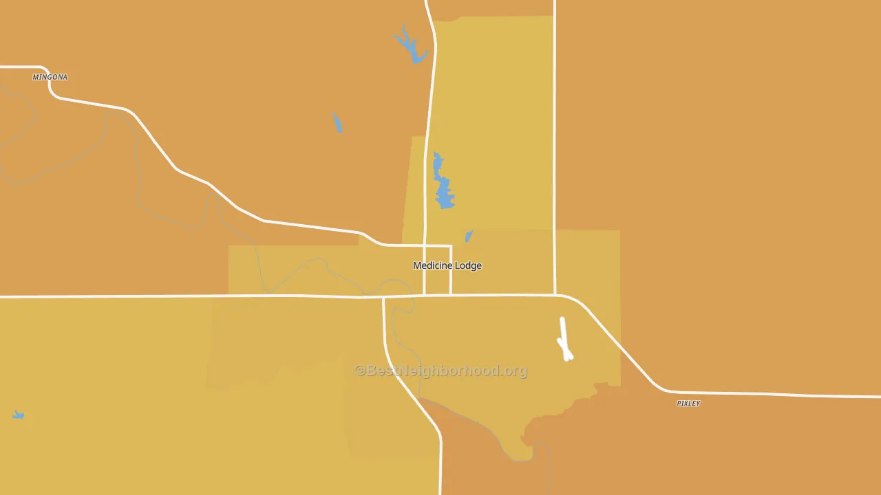 Map of the best neighborhoods in the Medicine Lodge area, with better matches in green and worse matches in red