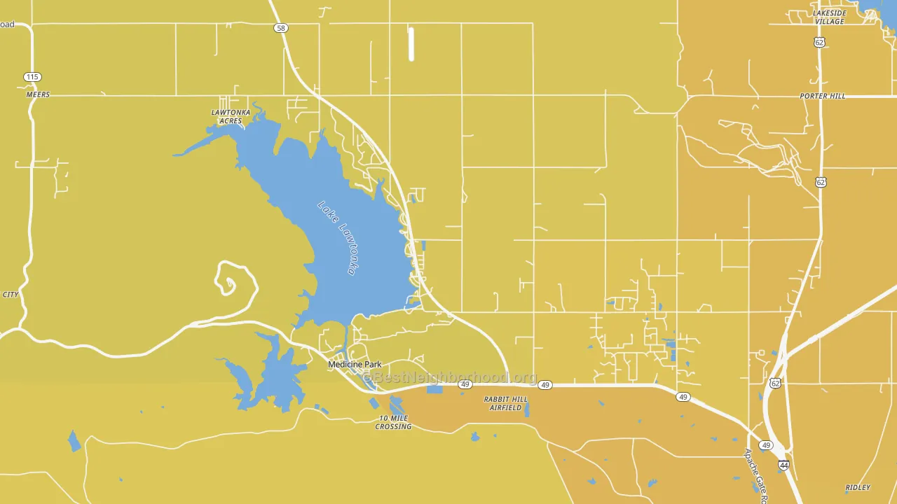 Map of the best neighborhoods in the Medicine Park area, with better matches in green and worse matches in red