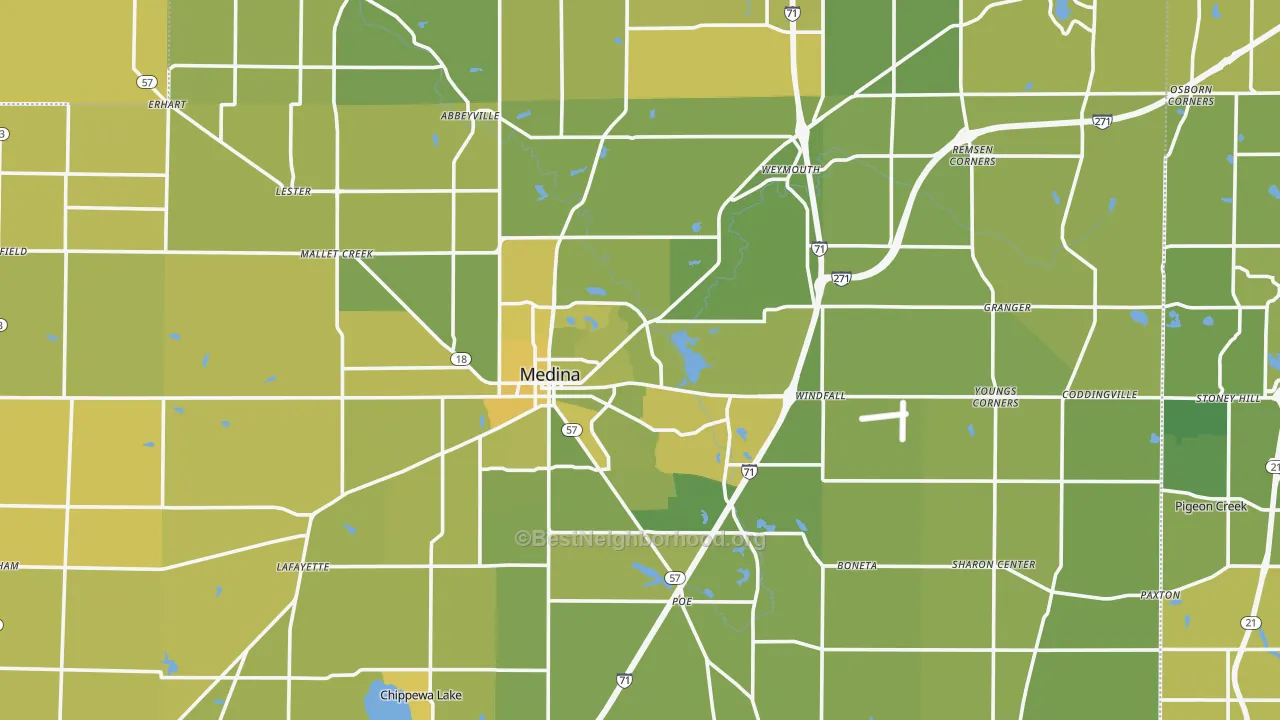 Map of the best neighborhoods in the Medina County area, with better matches in green and worse matches in red