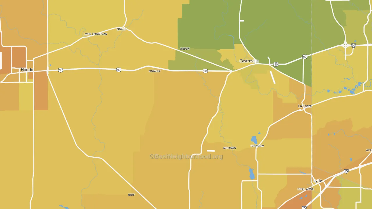 Map of the best neighborhoods in the Medina County area, with better matches in green and worse matches in red