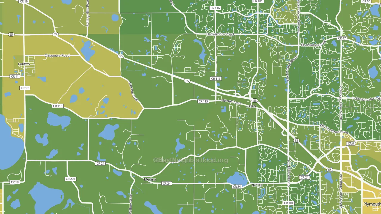 Map of the best neighborhoods in the Medina area, with better matches in green and worse matches in red