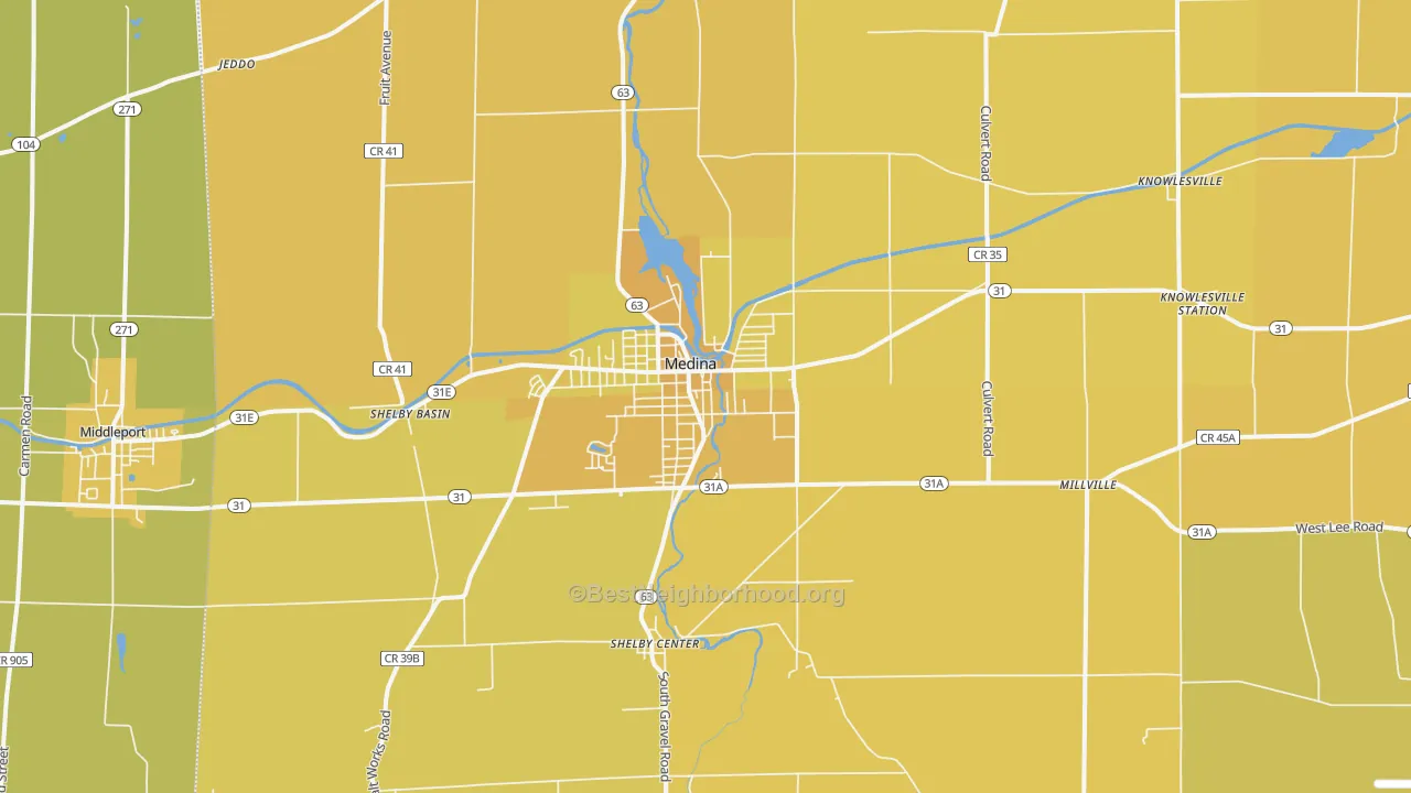 Map of the best neighborhoods in the Medina area, with better matches in green and worse matches in red