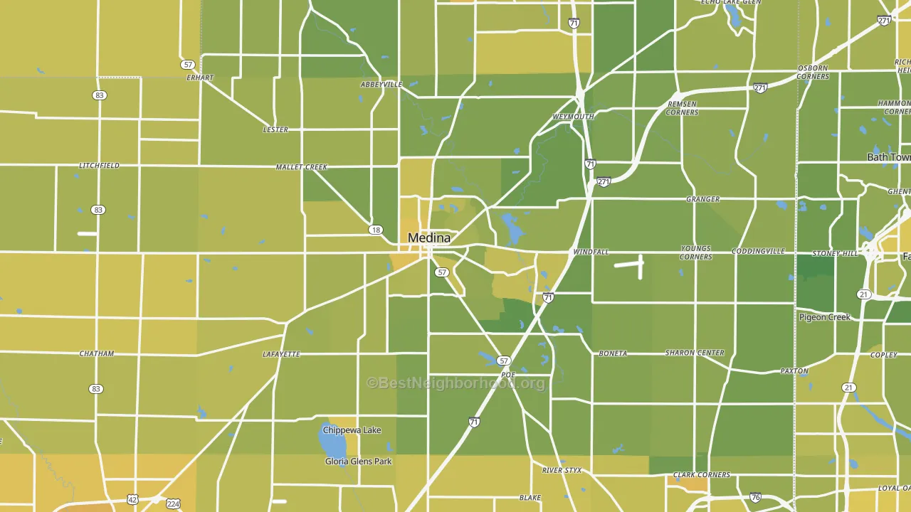 Map of the best neighborhoods in the Medina area, with better matches in green and worse matches in red