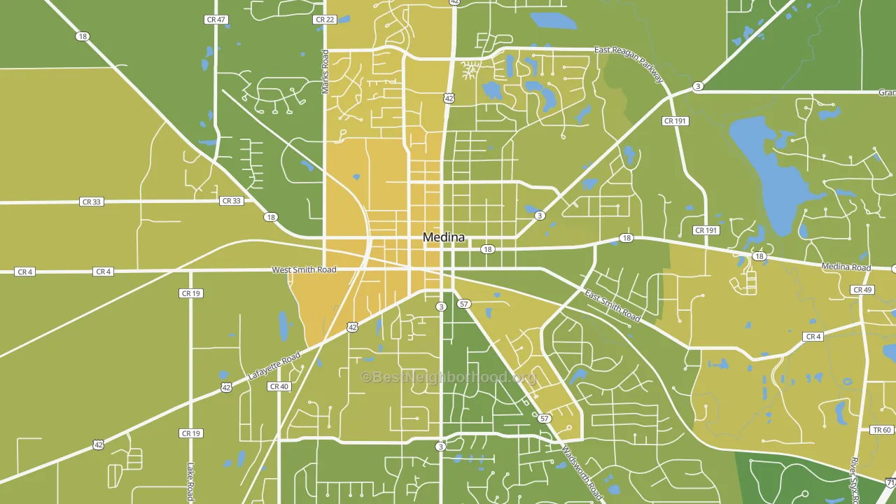 Map of the best neighborhoods in the Medina Public Square Historic District, Medina area, with better matches in green and worse matches in red