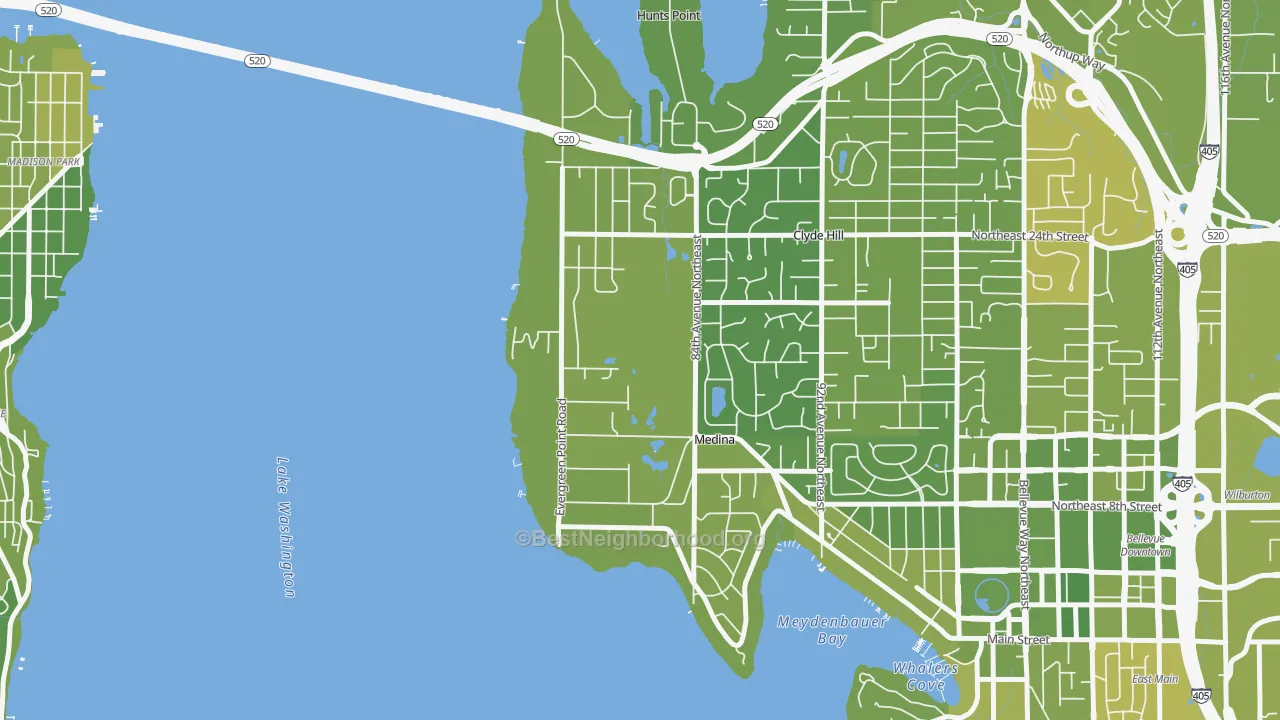 Map of the best neighborhoods in the Medina area, with better matches in green and worse matches in red