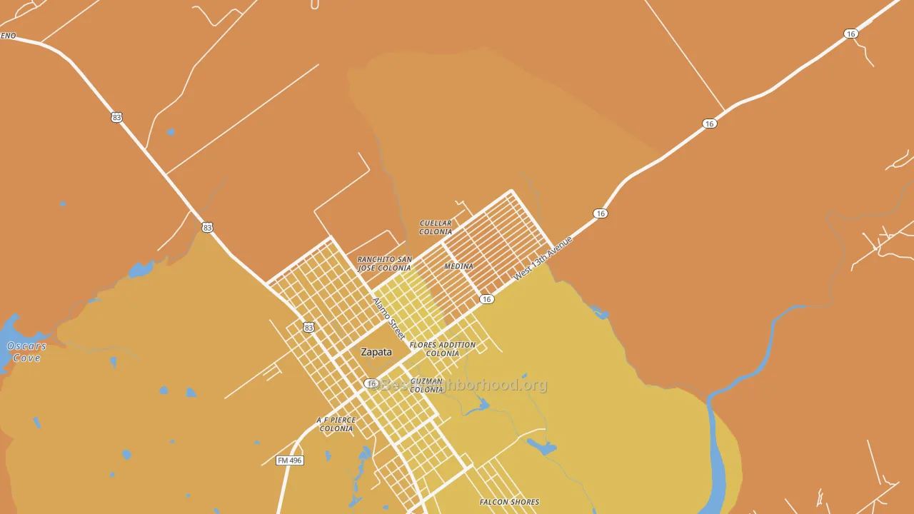 Map of the best neighborhoods in the Medina, Zapata area, with better matches in green and worse matches in red