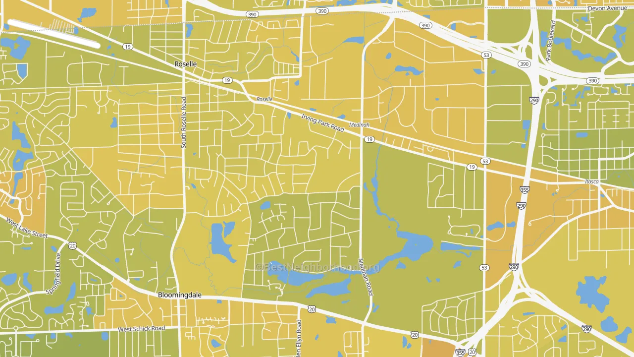 Map of the best neighborhoods in the Medinah area, with better matches in green and worse matches in red
