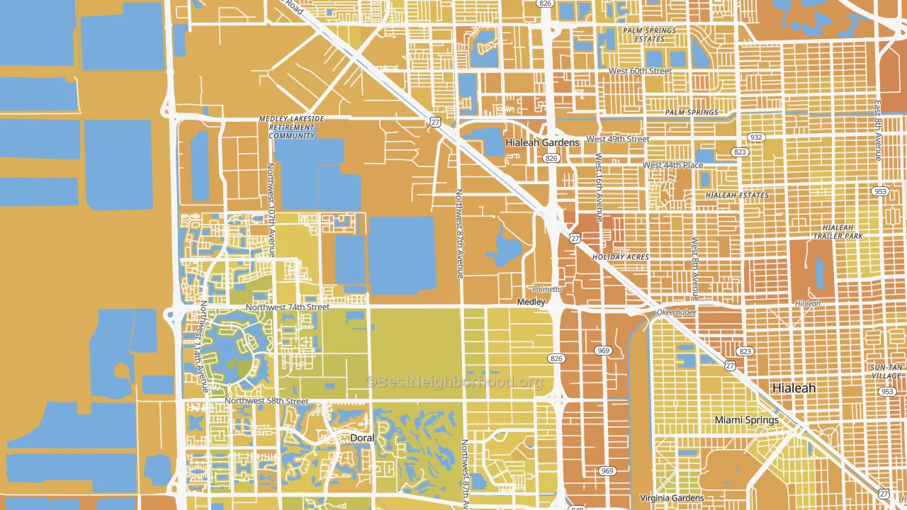 Map of the best neighborhoods in the Medley area, with better matches in green and worse matches in red