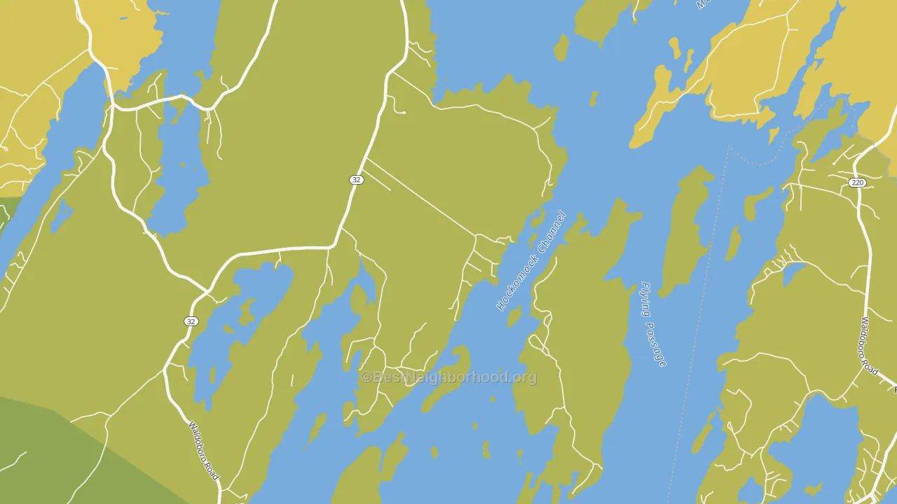 Map of the best neighborhoods in the Medomak area, with better matches in green and worse matches in red