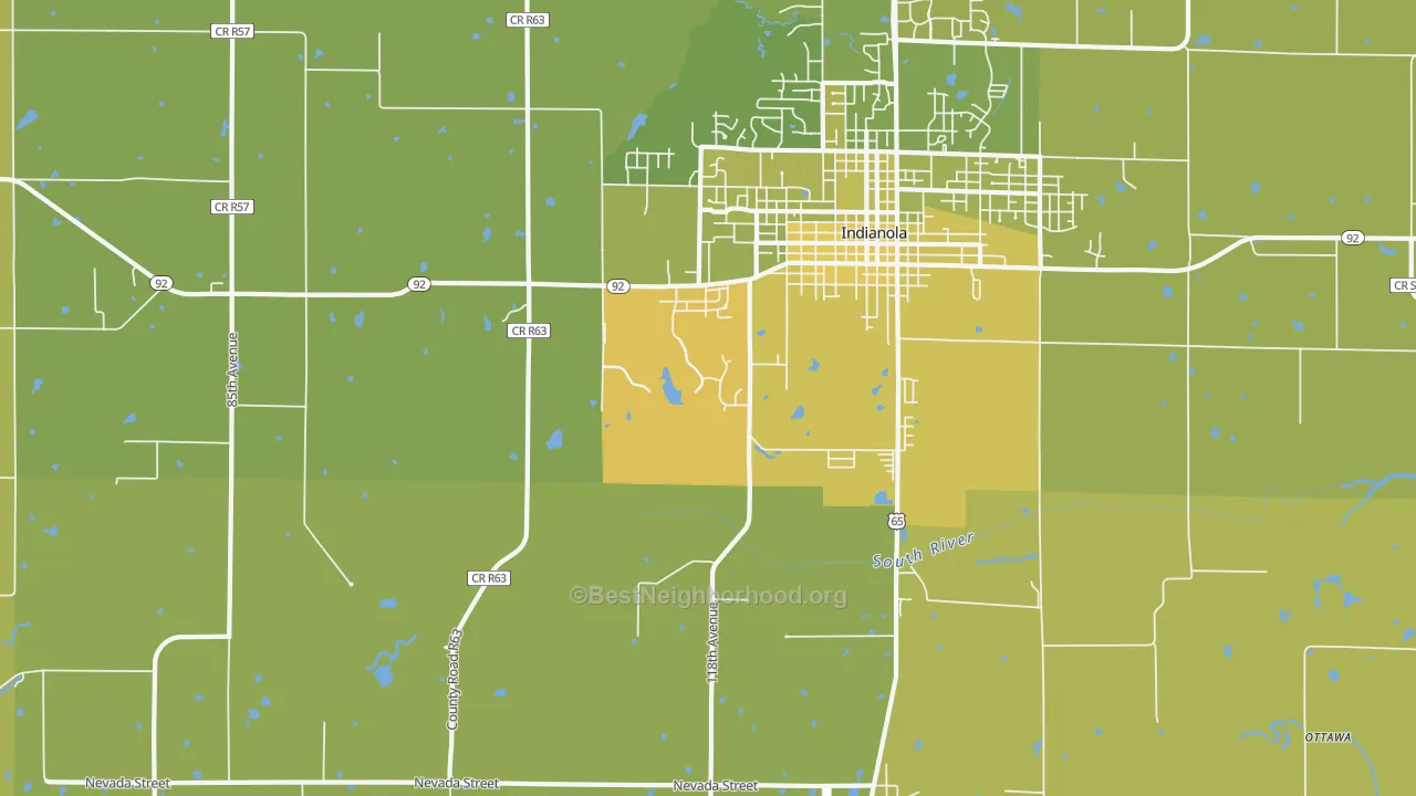 Map of the best neighborhoods in the Medora area, with better matches in green and worse matches in red