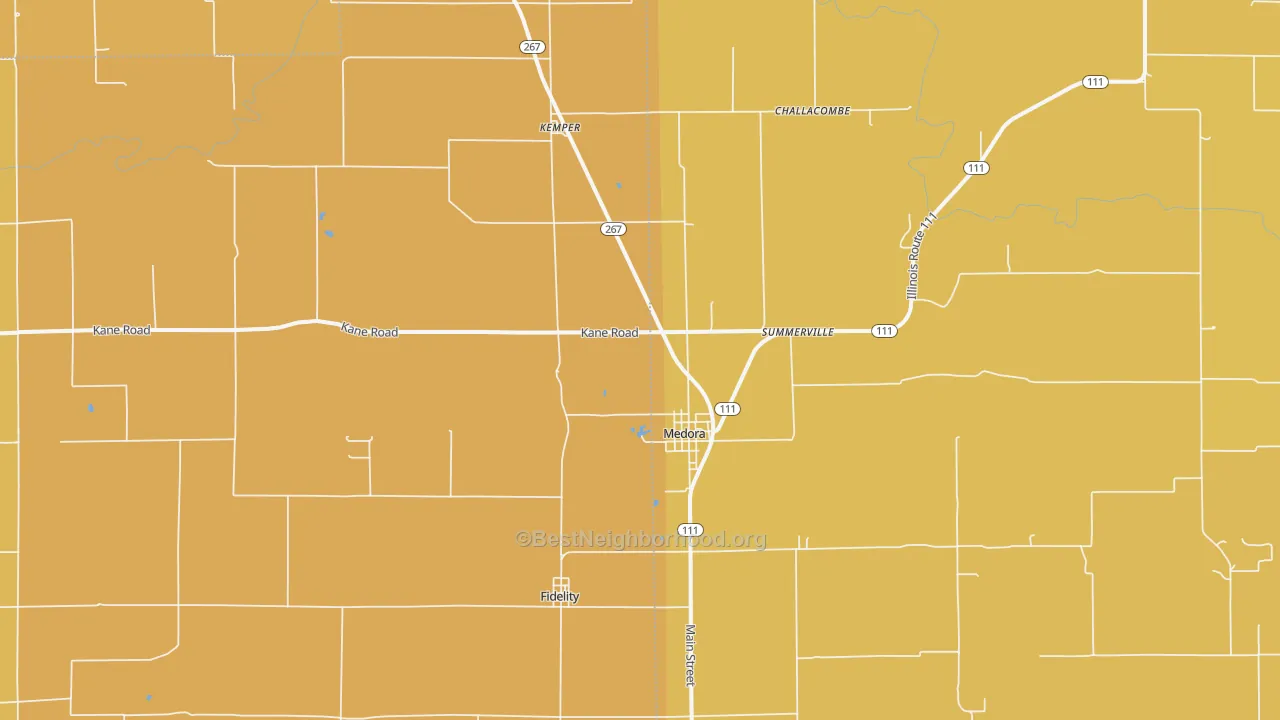 Map of the best neighborhoods in the Medora area, with better matches in green and worse matches in red