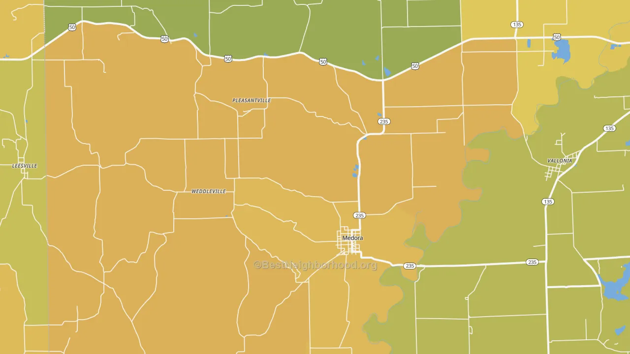 Map of the best neighborhoods in the Medora area, with better matches in green and worse matches in red