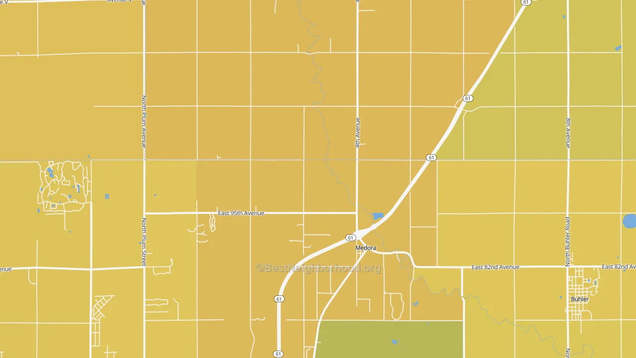 Map of the best neighborhoods in the Medora area, with better matches in green and worse matches in red