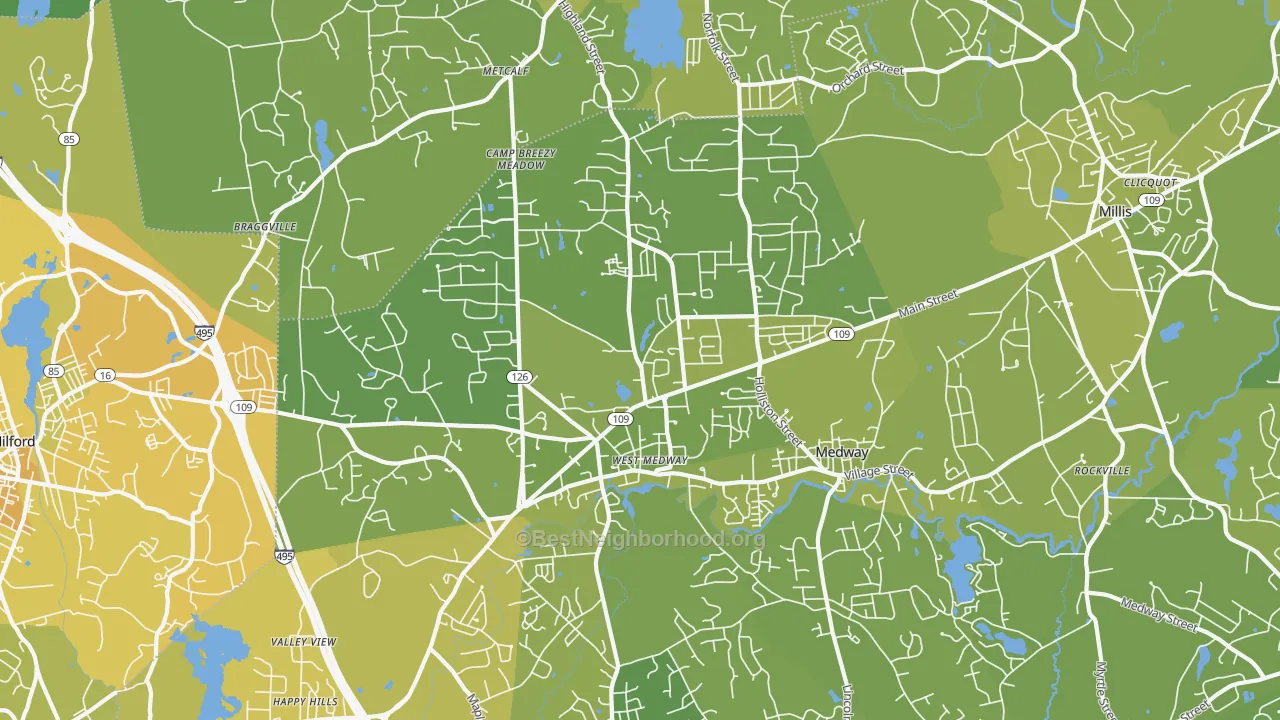 Map of the best neighborhoods in the Medway area, with better matches in green and worse matches in red