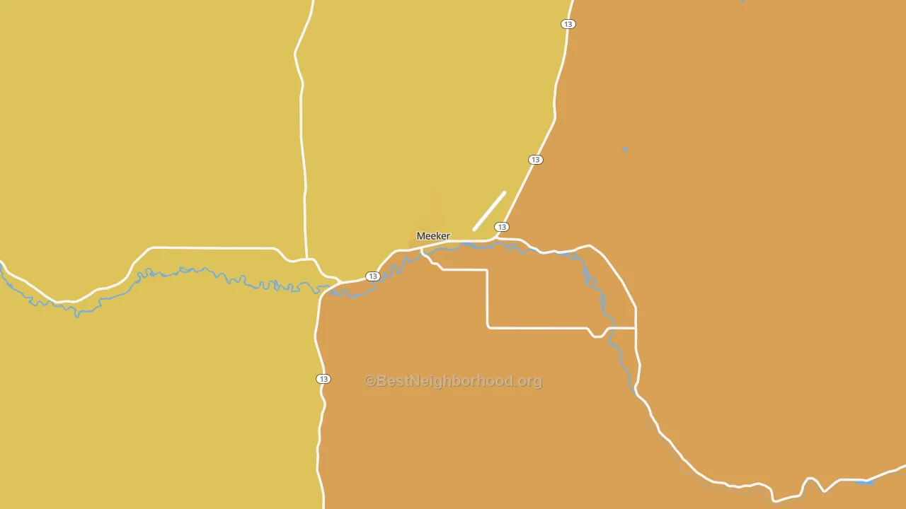 Map of the best neighborhoods in the Meeker area, with better matches in green and worse matches in red
