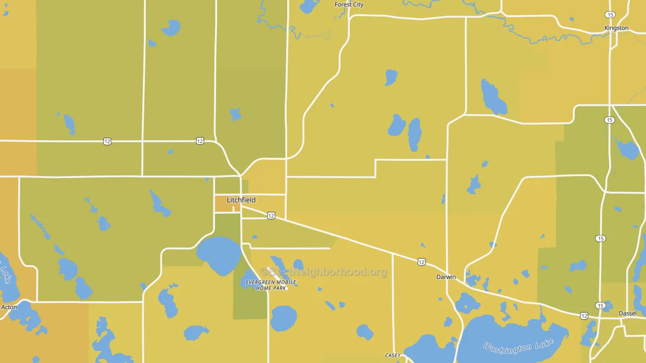 Map of the best neighborhoods in the Meeker County area, with better matches in green and worse matches in red
