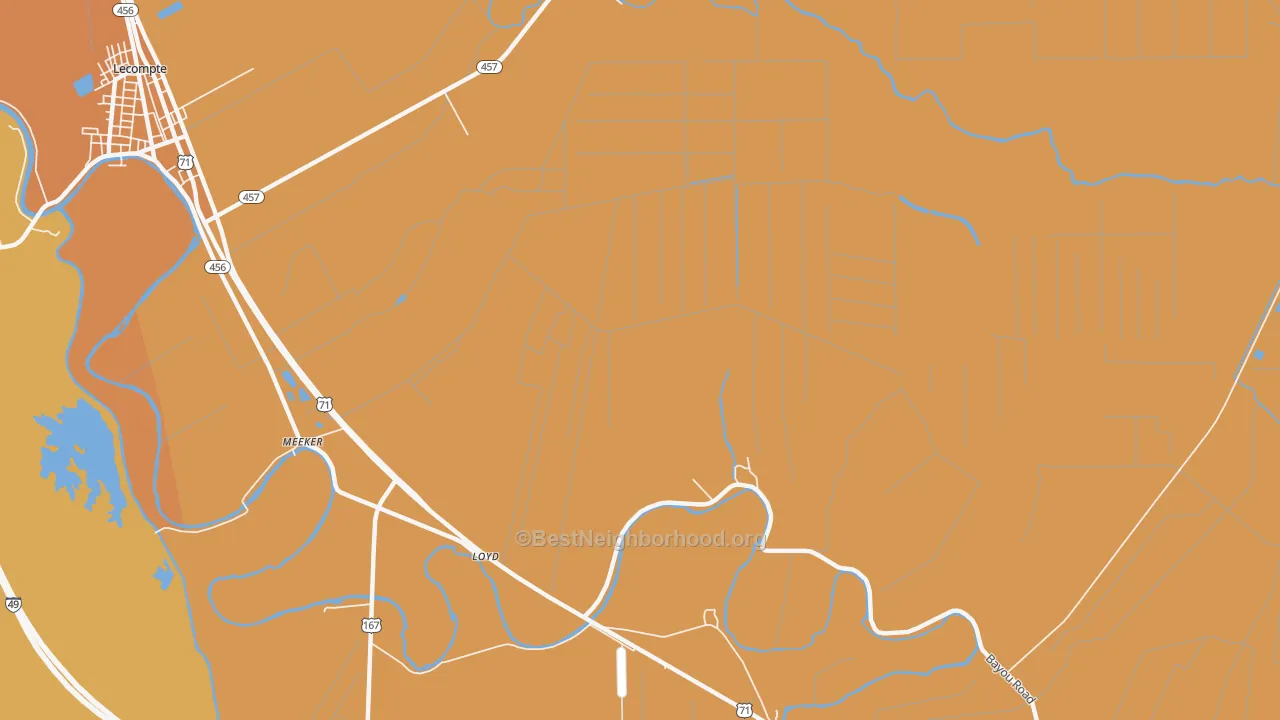 Map of the best neighborhoods in the Meeker area, with better matches in green and worse matches in red