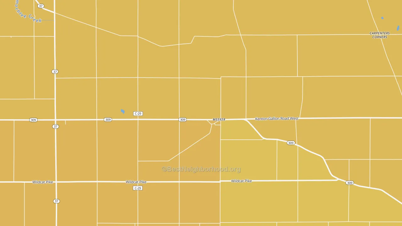 Map of the best neighborhoods in the Meeker area, with better matches in green and worse matches in red