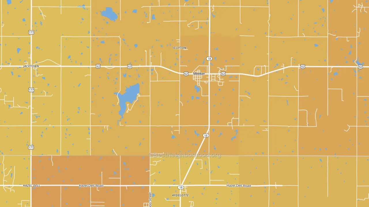 Map of the best neighborhoods in the Meeker area, with better matches in green and worse matches in red