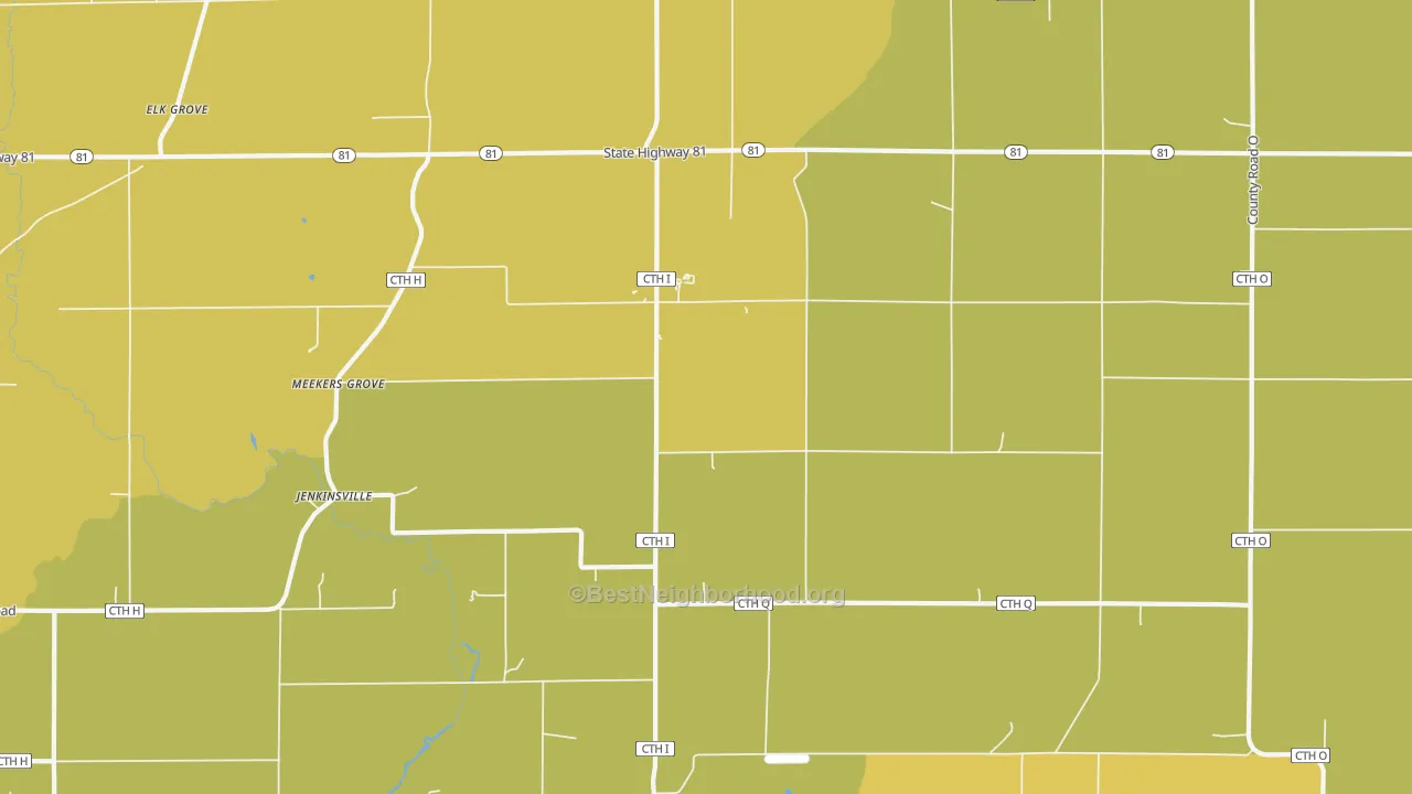 Map of the best neighborhoods in the Meekers Grove area, with better matches in green and worse matches in red