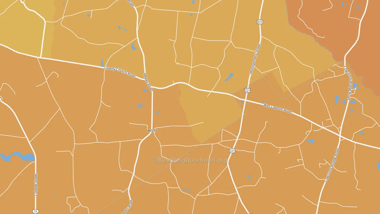 Map of the best neighborhoods in the Meeks area, with better matches in green and worse matches in red