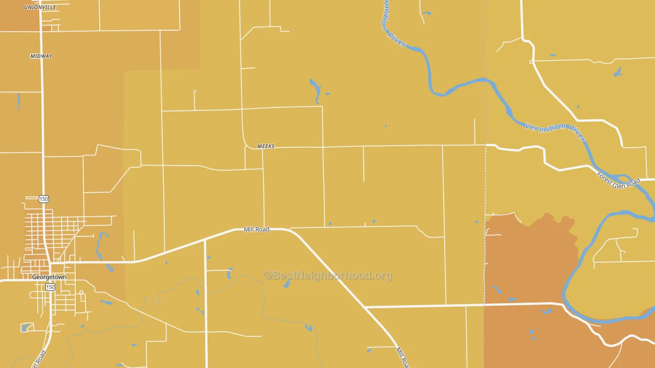 Map of the best neighborhoods in the Meeks area, with better matches in green and worse matches in red