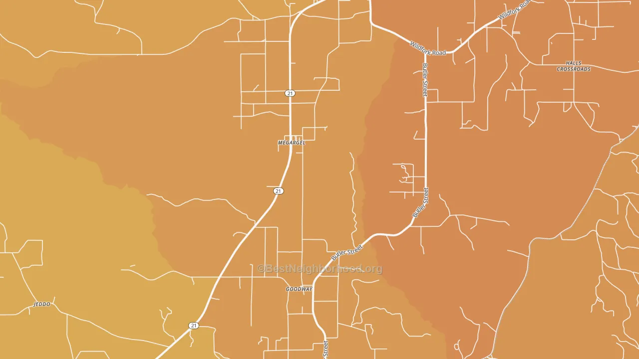 Map of the best neighborhoods in the Megargel area, with better matches in green and worse matches in red