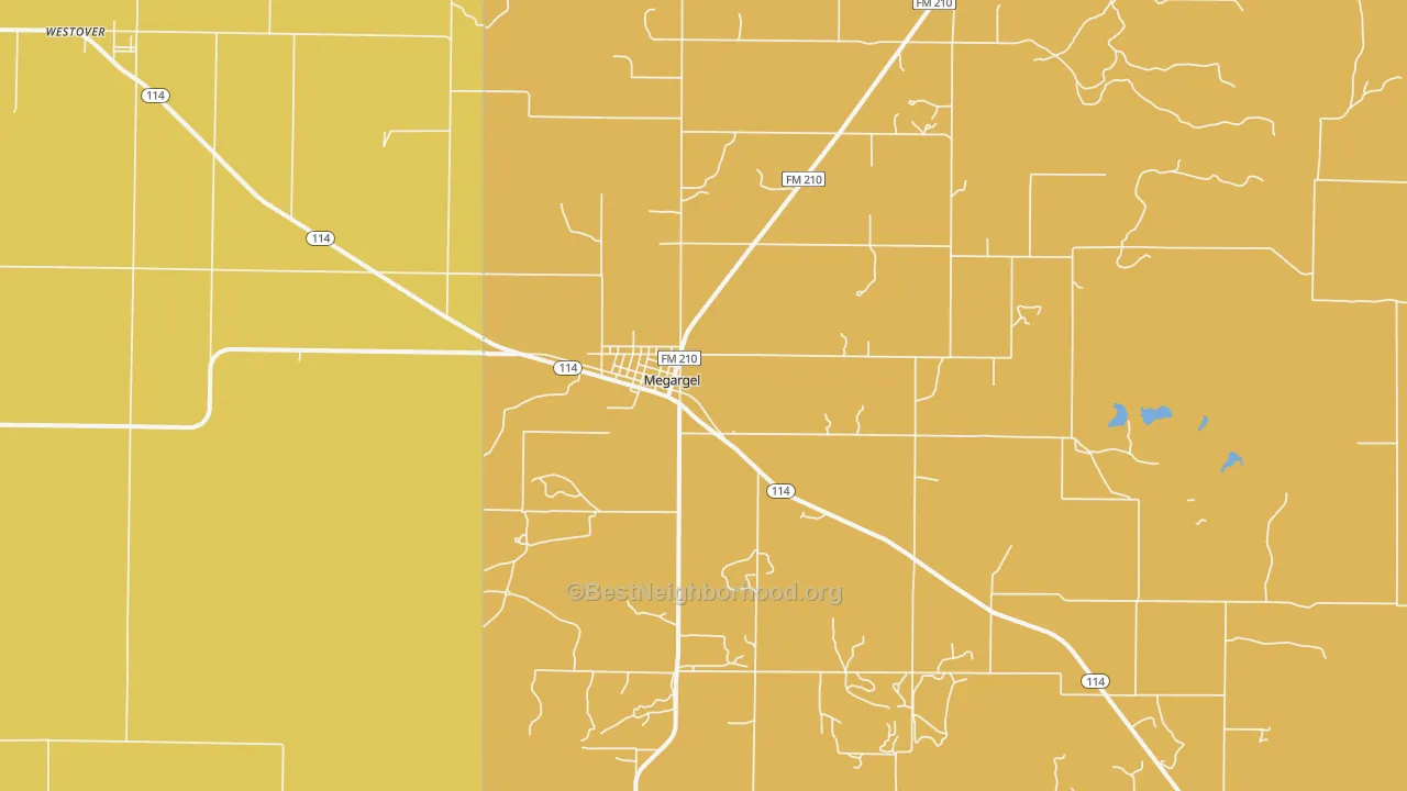 Map of the best neighborhoods in the Megargel area, with better matches in green and worse matches in red