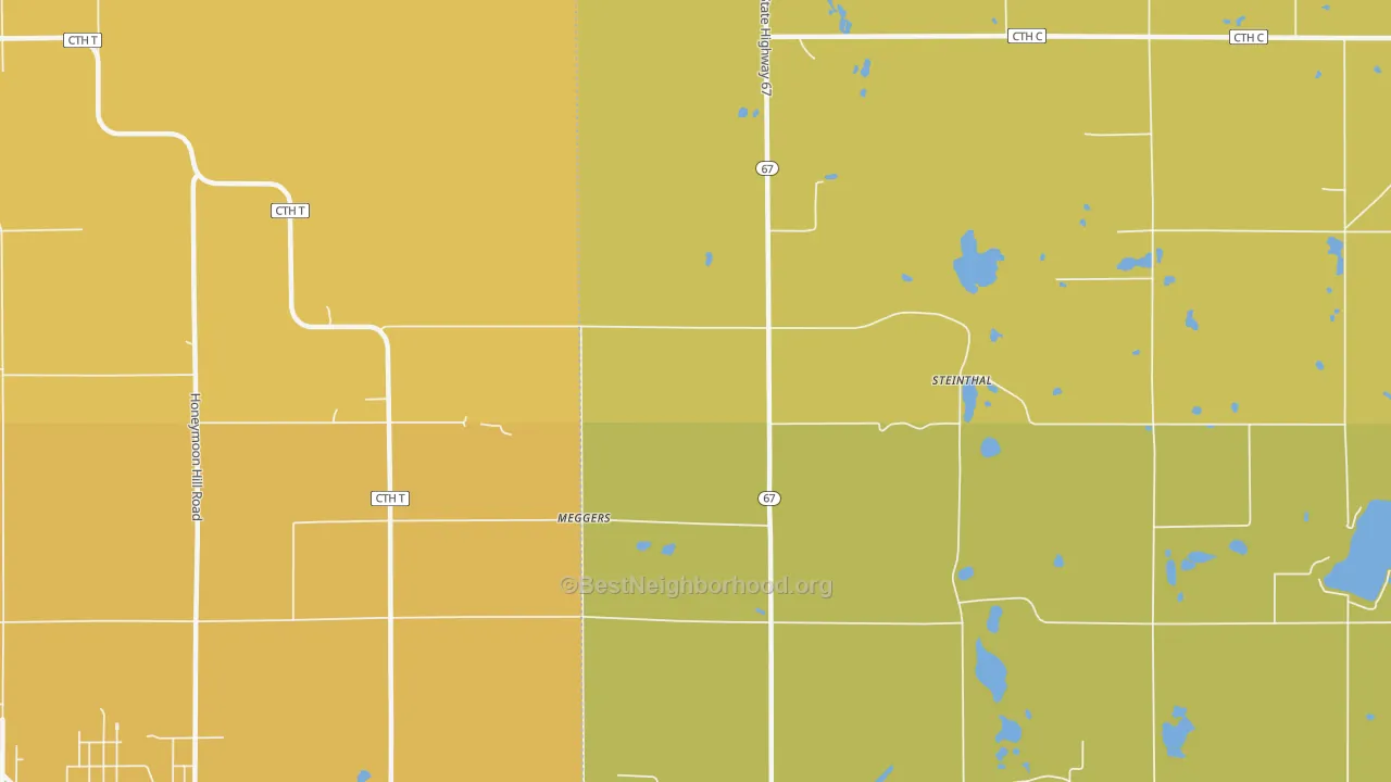 Map of the best neighborhoods in the Meggers area, with better matches in green and worse matches in red