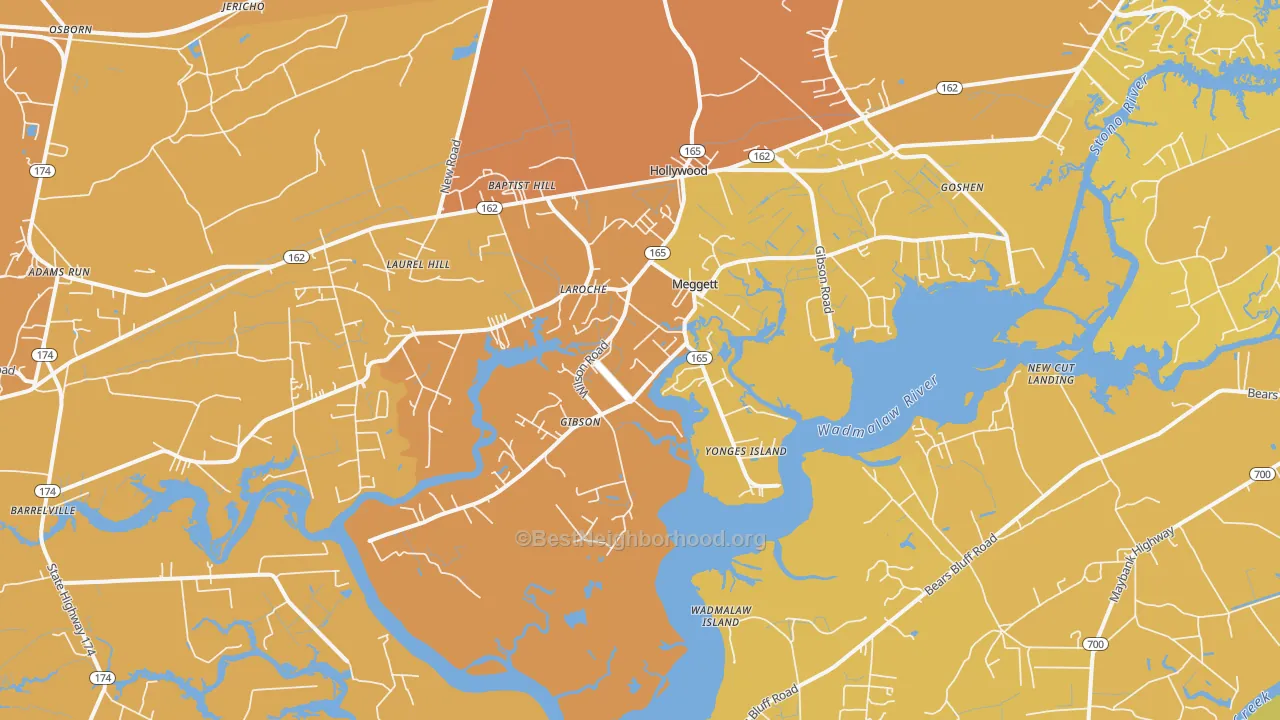 Map of the best neighborhoods in the Meggett area, with better matches in green and worse matches in red