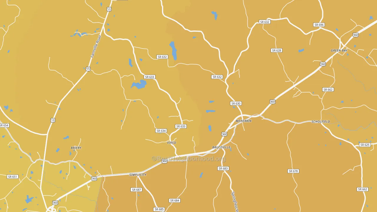 Map of the best neighborhoods in the Meherrin area, with better matches in green and worse matches in red