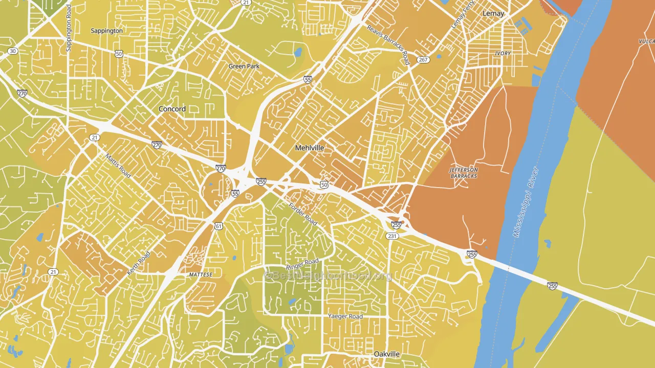 Map of the best neighborhoods in the Mehlville area, with better matches in green and worse matches in red