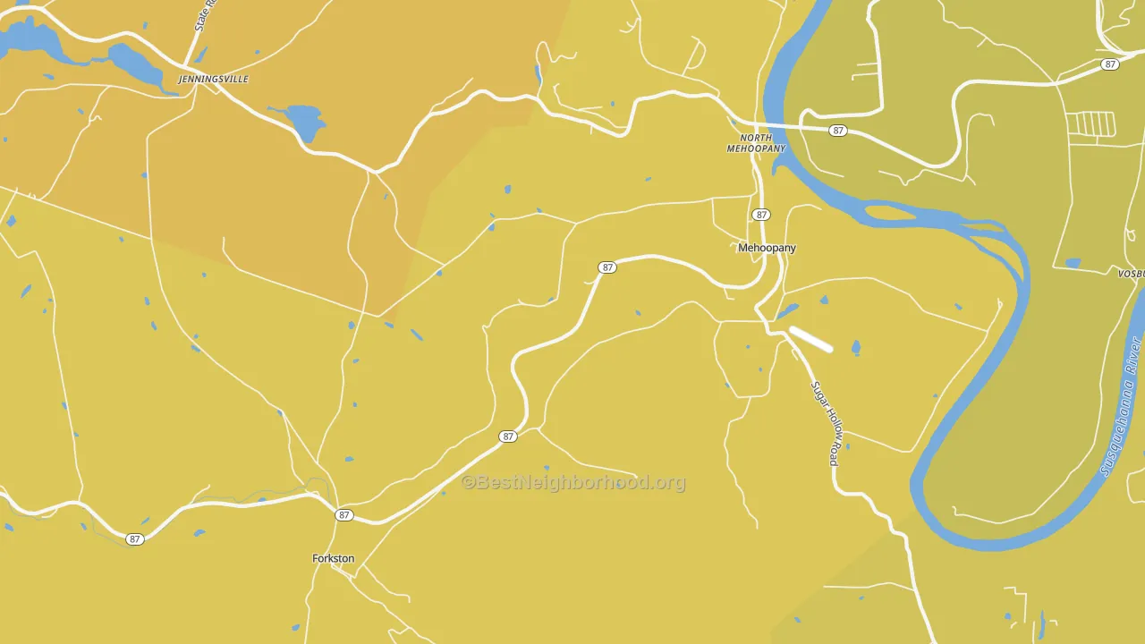 Map of the best neighborhoods in the Mehoopany area, with better matches in green and worse matches in red