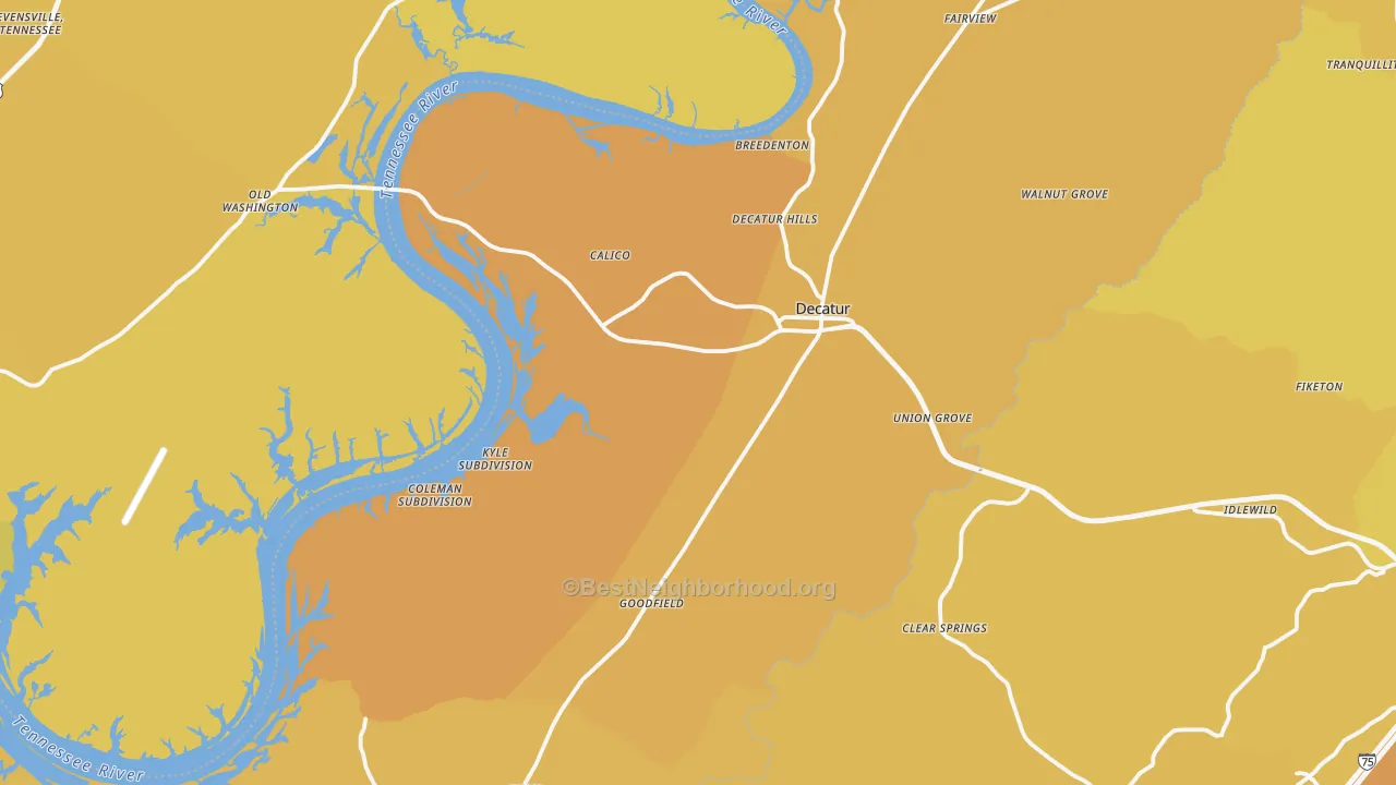 Map of the best neighborhoods in the Meigs County area, with better matches in green and worse matches in red