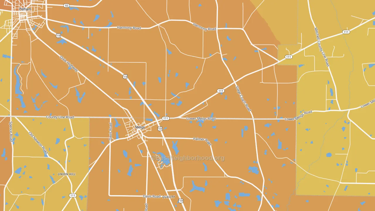 Map of the best neighborhoods in the Meigs area, with better matches in green and worse matches in red