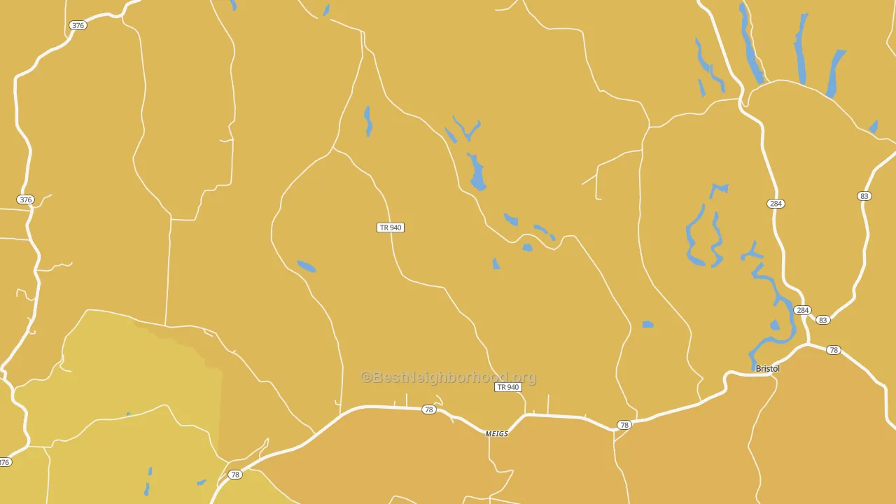 Map of the best neighborhoods in the Meigs area, with better matches in green and worse matches in red
