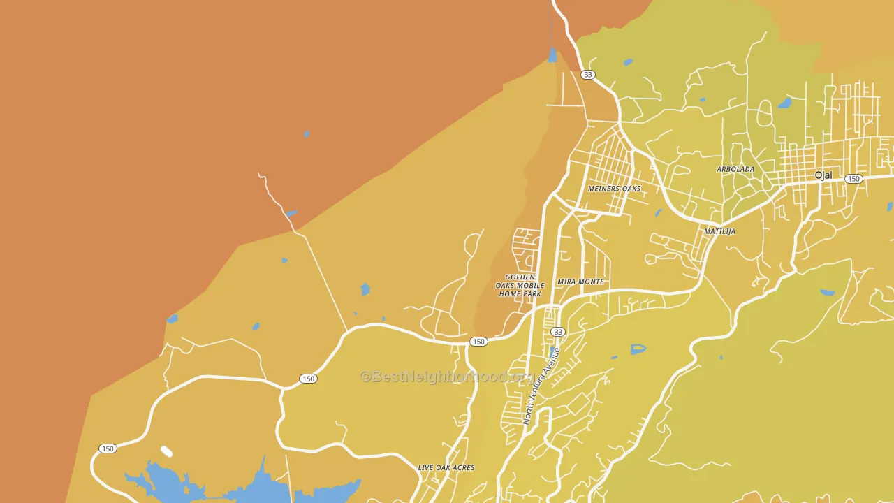 Map of the best neighborhoods in the Meiners Oaks area, with better matches in green and worse matches in red