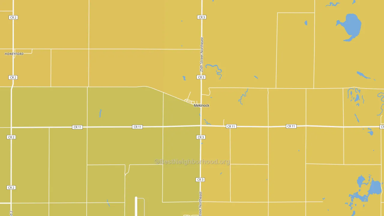 Map of the best neighborhoods in the Mekinock area, with better matches in green and worse matches in red