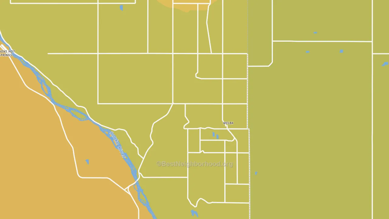 Map of the best neighborhoods in the Melba area, with better matches in green and worse matches in red