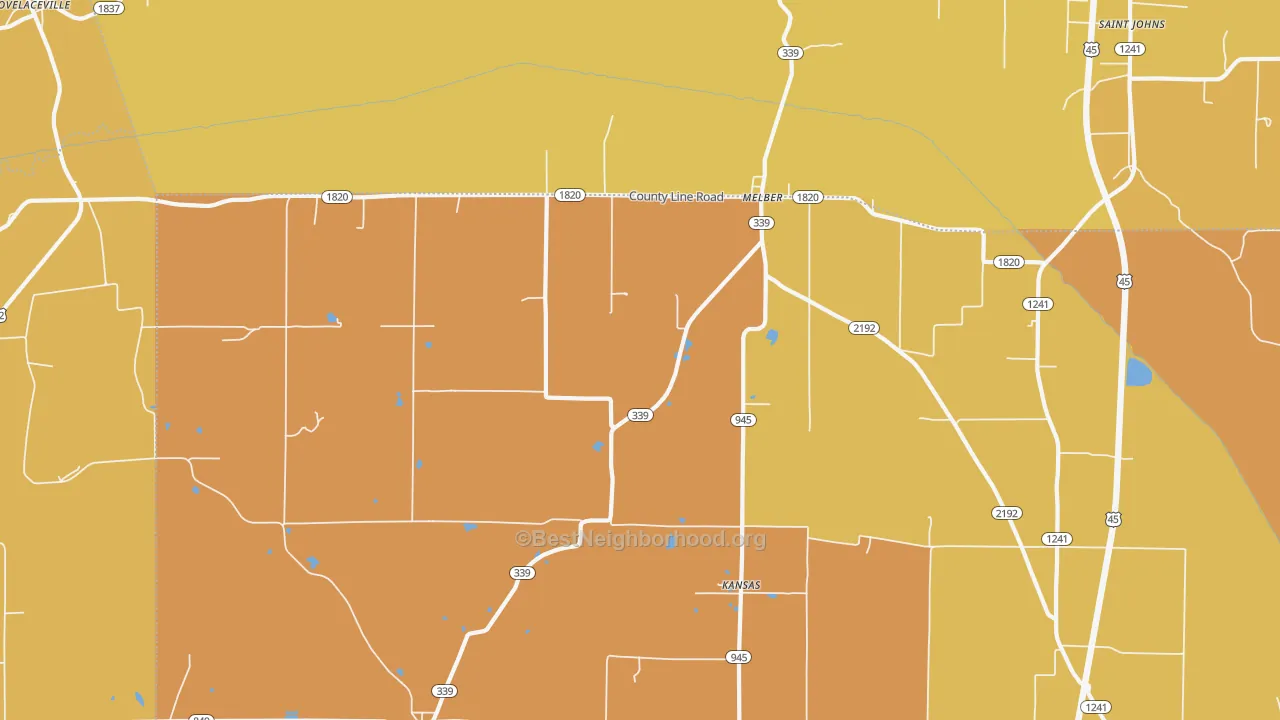 Map of the best neighborhoods in the Melber area, with better matches in green and worse matches in red