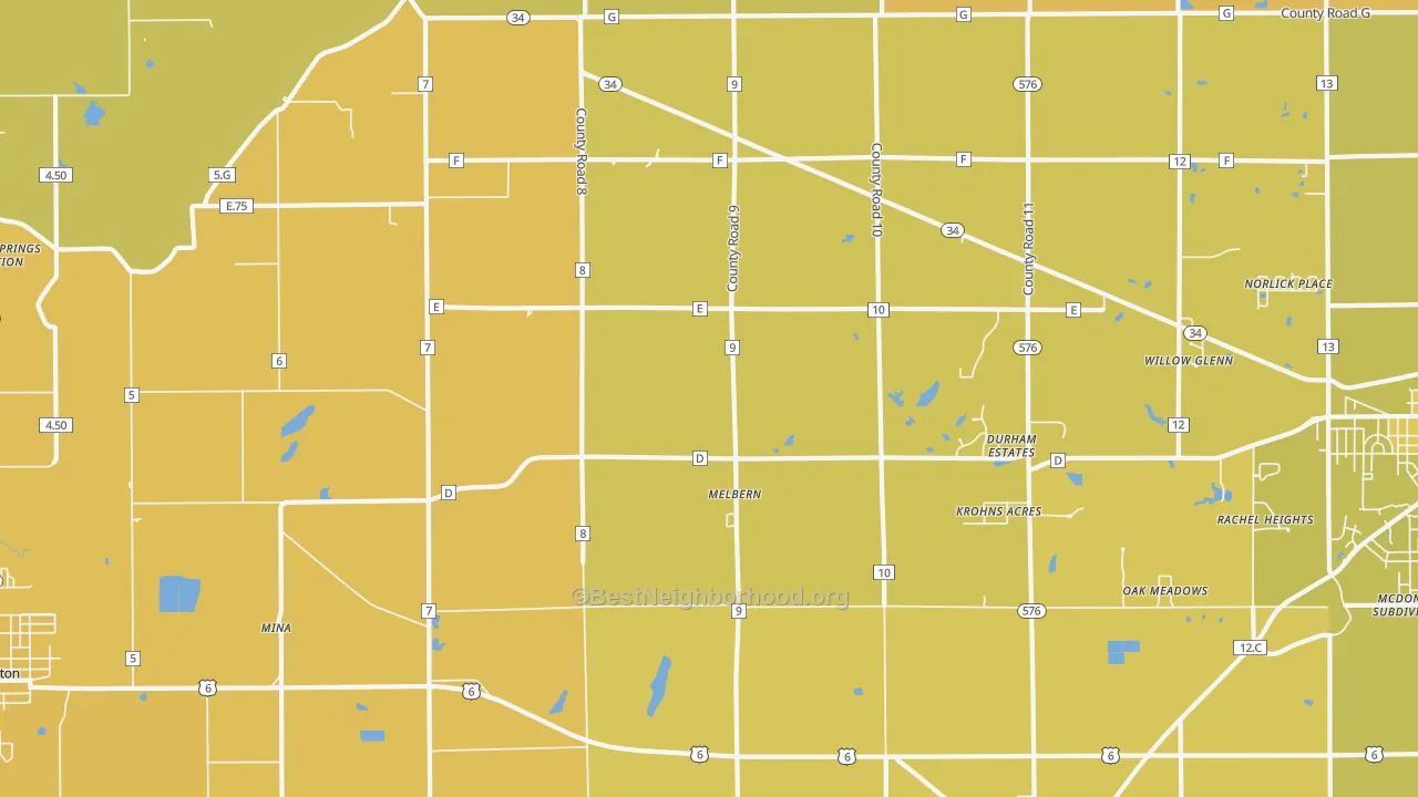 Map of the best neighborhoods in the Melbern area, with better matches in green and worse matches in red