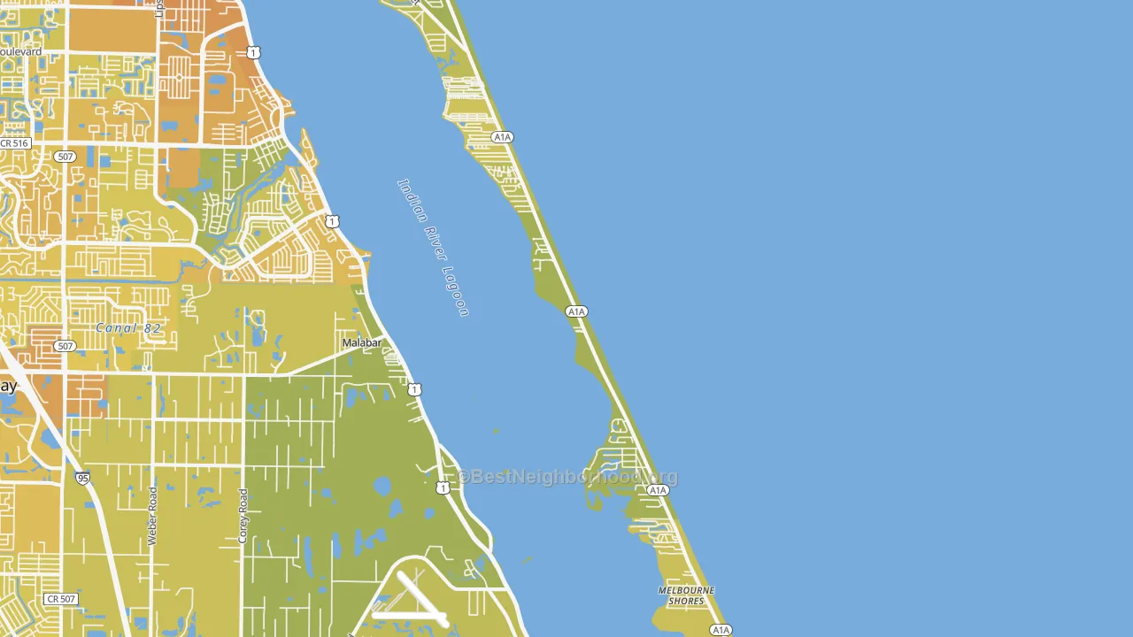 Map of the best neighborhoods in the Melbourne Beach area, with better matches in green and worse matches in red