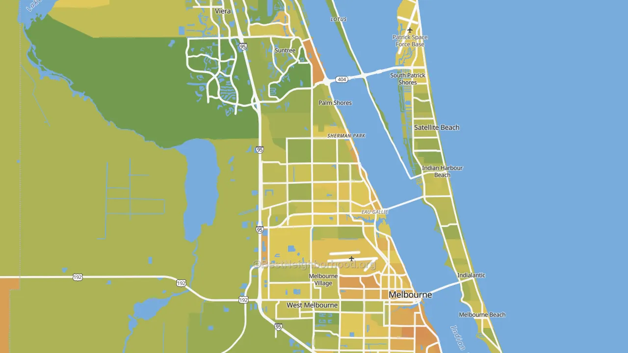 Map of the best neighborhoods in the Melbourne Metro area, with better matches in green and worse matches in red