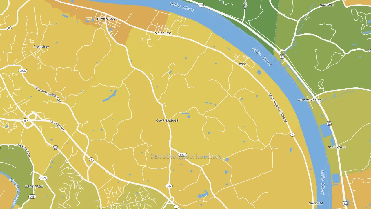 Map of the best neighborhoods in the Melbourne area, with better matches in green and worse matches in red