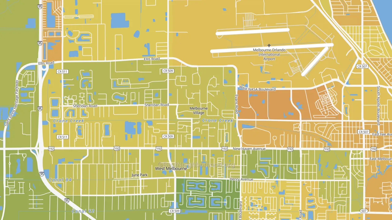 Map of the best neighborhoods in the Melbourne Village area, with better matches in green and worse matches in red