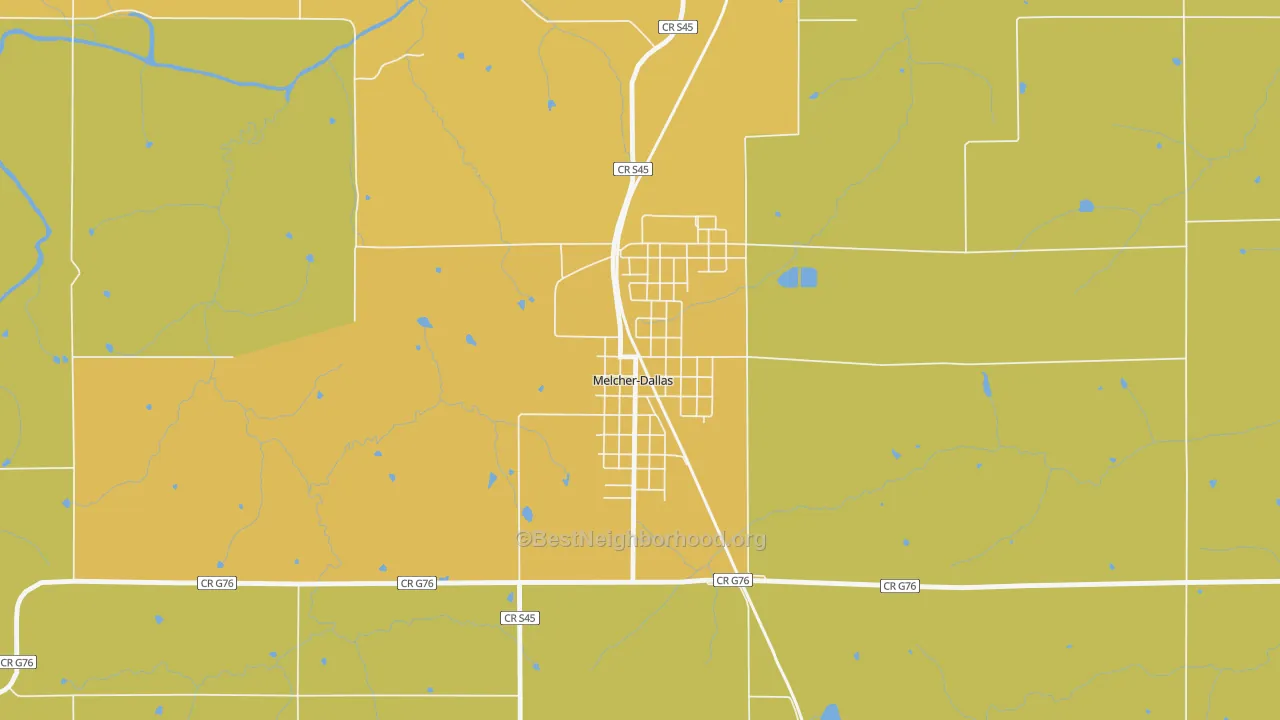 Map of the best neighborhoods in the Melcher-Dallas area, with better matches in green and worse matches in red